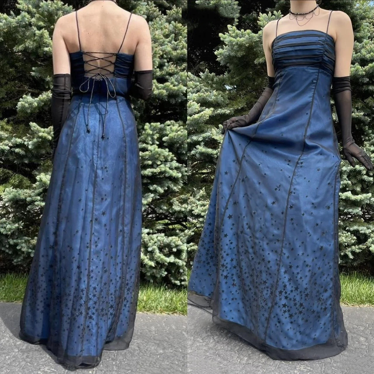 Girlhomeshops--Navy blue vintage elegant long chiffon star prom dress party dress gh5504