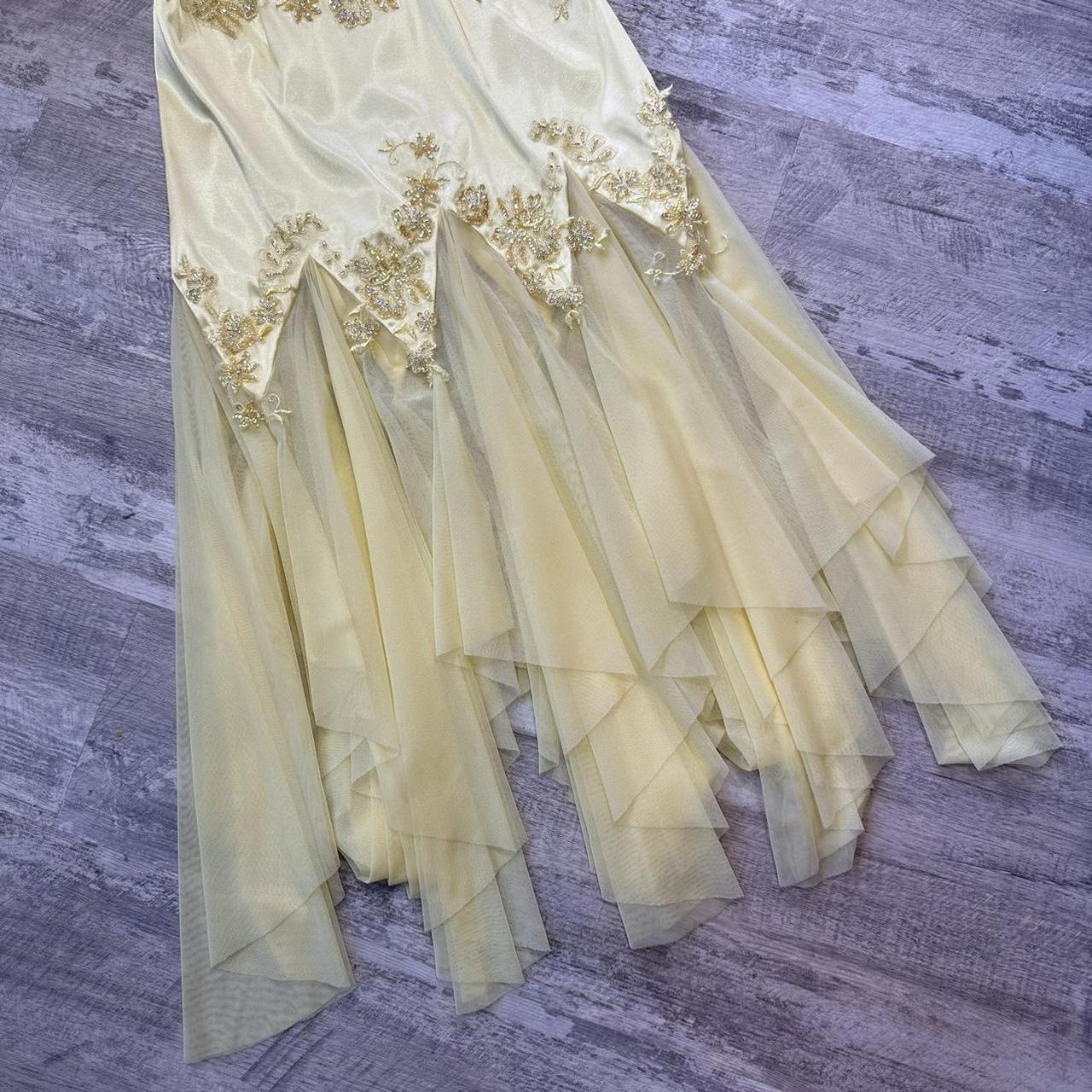 Superbe robe de soirée mi-longue/courte en mousseline de soie vintage jaune à perles gh4300