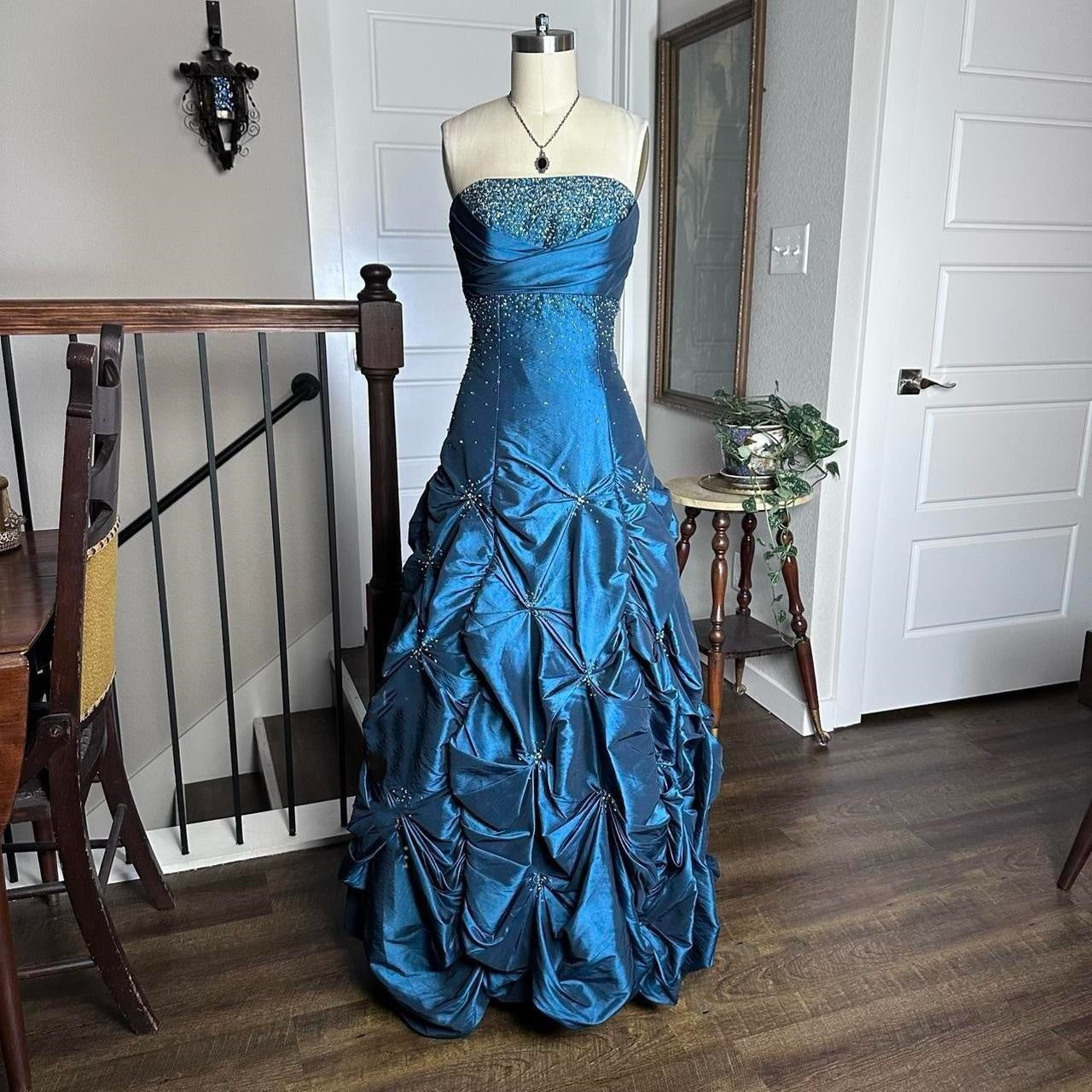 Robe de soirée longue en satin bleu vintage, élégante et exquise, avec perles, longueur au sol, gh3936