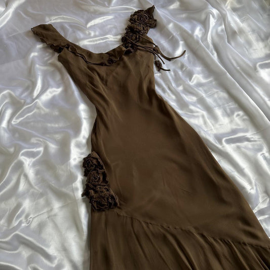 🍂Brown Stunning Retro Unique Fashion Beautiful Elegant Exquisite Floral Long Ruffle Neckline Low Back Design Chiffon Ball Gown Evening Gown Birthday Party Gown Prom Gown gh3915