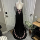 Robe de soirée longue en satin à fleurs noires et roses, élégante, gh4569