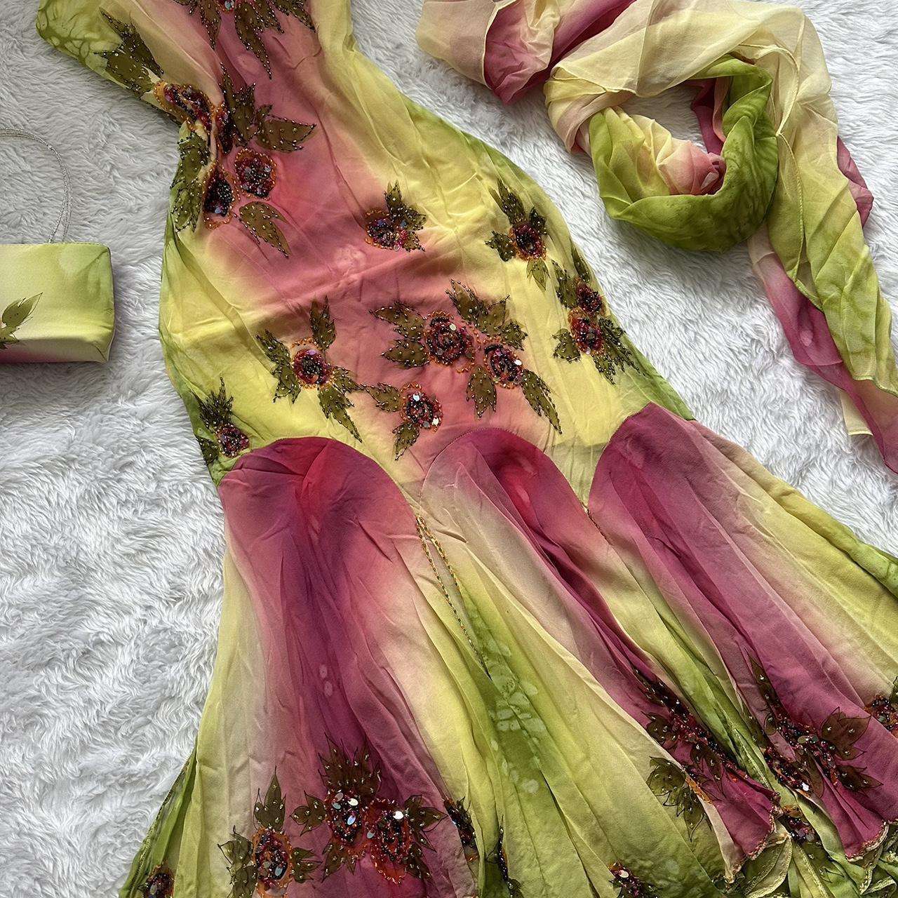 Robe de soirée élégante et raffinée, en mousseline de soie, à bretelles spaghetti, dégradé de rose et de vert, à volants, robe de bal, gh3620