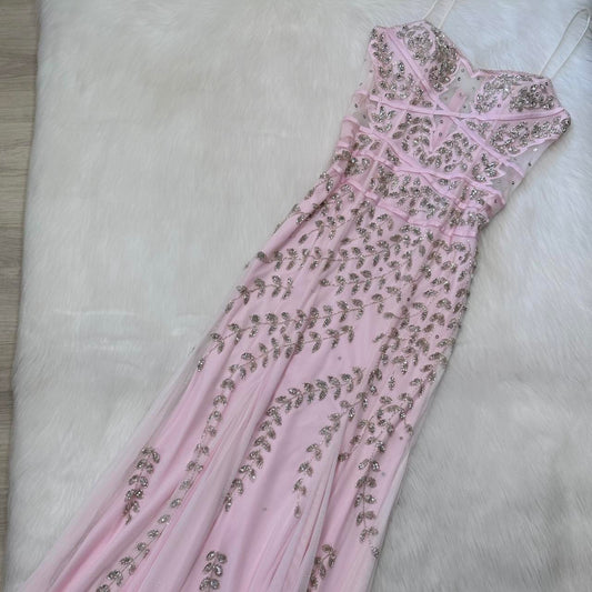 Robe de soirée longue en mousseline de soie rose clair Y2K, magnifique et exquise, avec perles, à paillettes argentées, robe de soirée, robe de remise de diplôme, robe de bal vintage, robe de fée, robe des années 2000, robe de retour gh4519