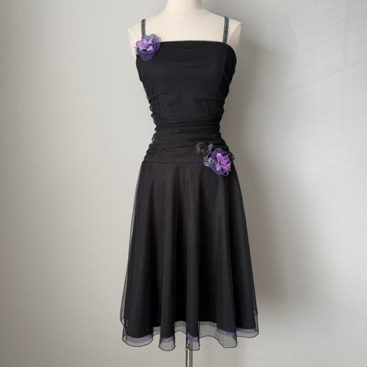 Black Vintage Elegant Exquisite Purple Floral Spaghetti Strap Short Women Chiffon Tulle Homecoming Dress Prom Dress Evening Dress Party Dress gh4126