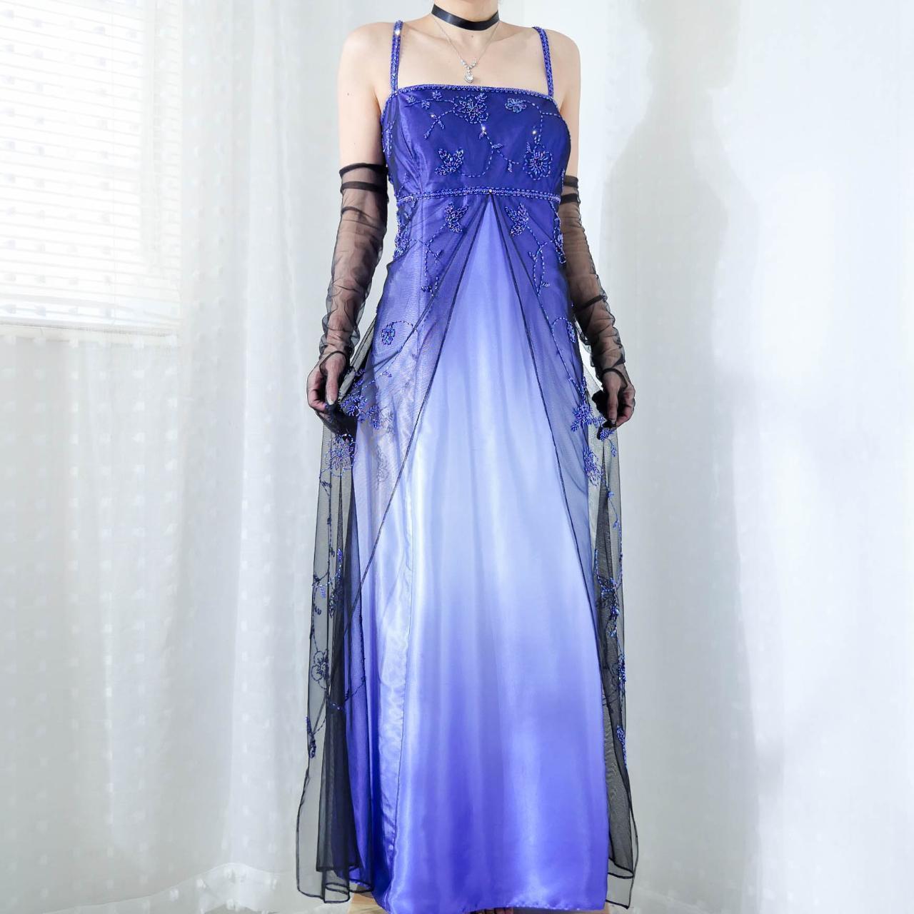 Robe de soirée longue en satin et tulle, bleu cobalt, violet, ombré, à fleurs et perles, gh4296