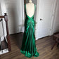 Robe de soirée moulante longue en satin vert brillant, style vintage, sexy, col en V, strass, dos nu, robe de bal formelle, gh3688