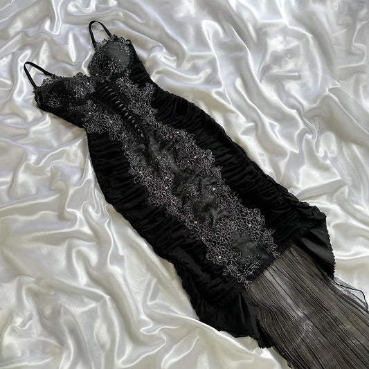 Robe corset vintage noire à paillettes argentées, bretelles en dentelle, longue robe de soirée en satin et tulle, robe de bal gh3752