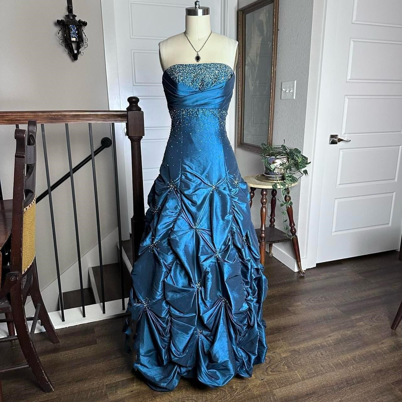 Robe de soirée longue en satin bleu vintage, élégante et exquise, avec perles, longueur au sol, gh3936