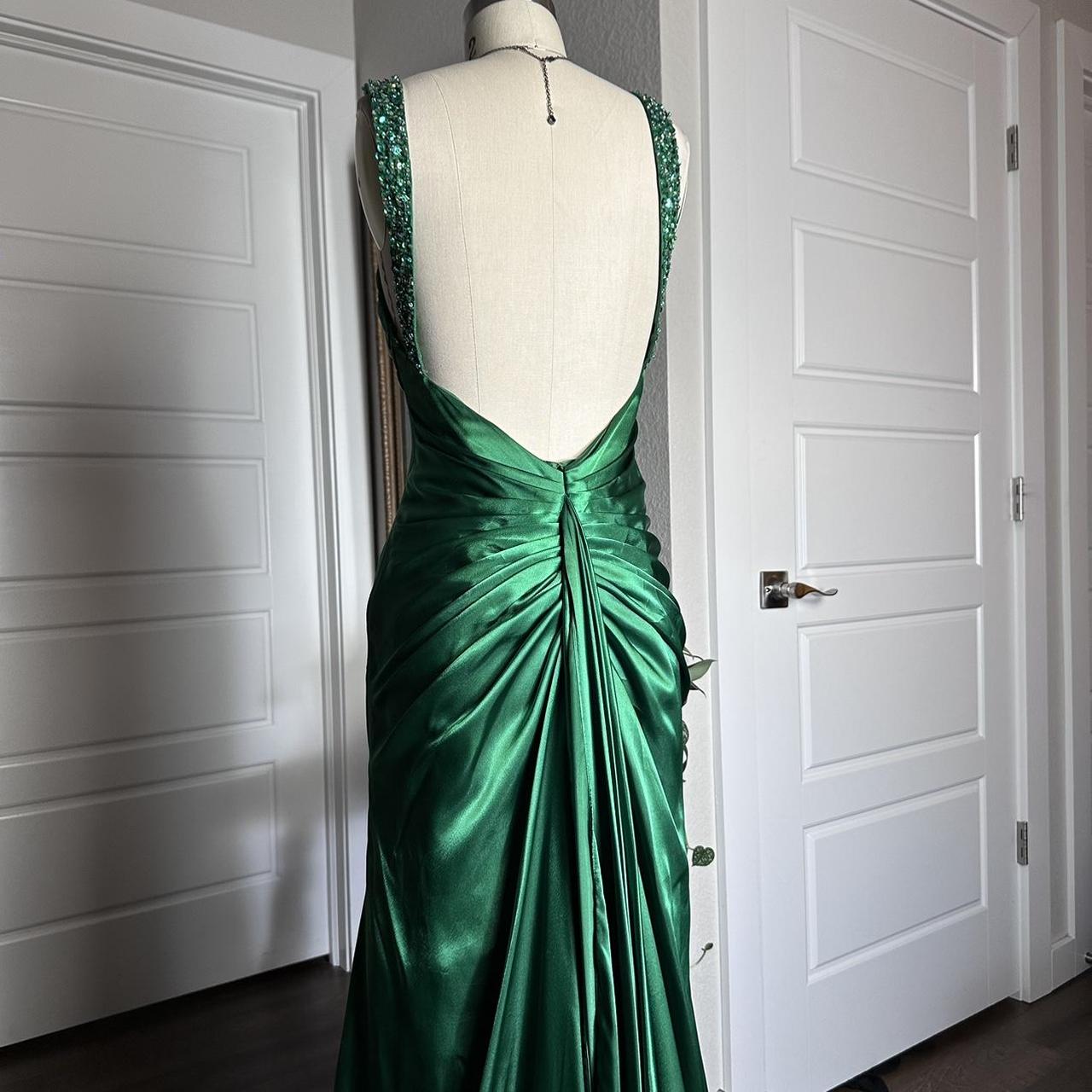 Robe de soirée moulante longue en satin vert brillant, style vintage, sexy, col en V, strass, dos nu, robe de bal formelle, gh3688