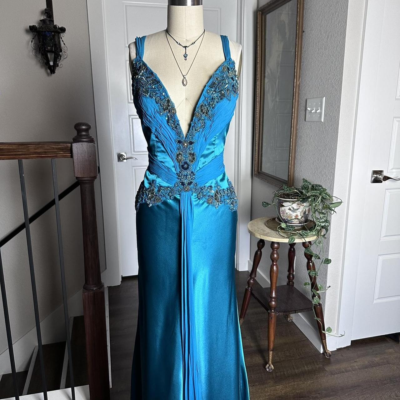 Blaues Retro-Mode-V-Ausschnitt-elegantes exquisites Perlen-Blumen-Lang-reizvolles dünnes Spaghetti-Träger-Ballkleid-Abendkleid-Partykleid-Abschlussballkleid gh3680