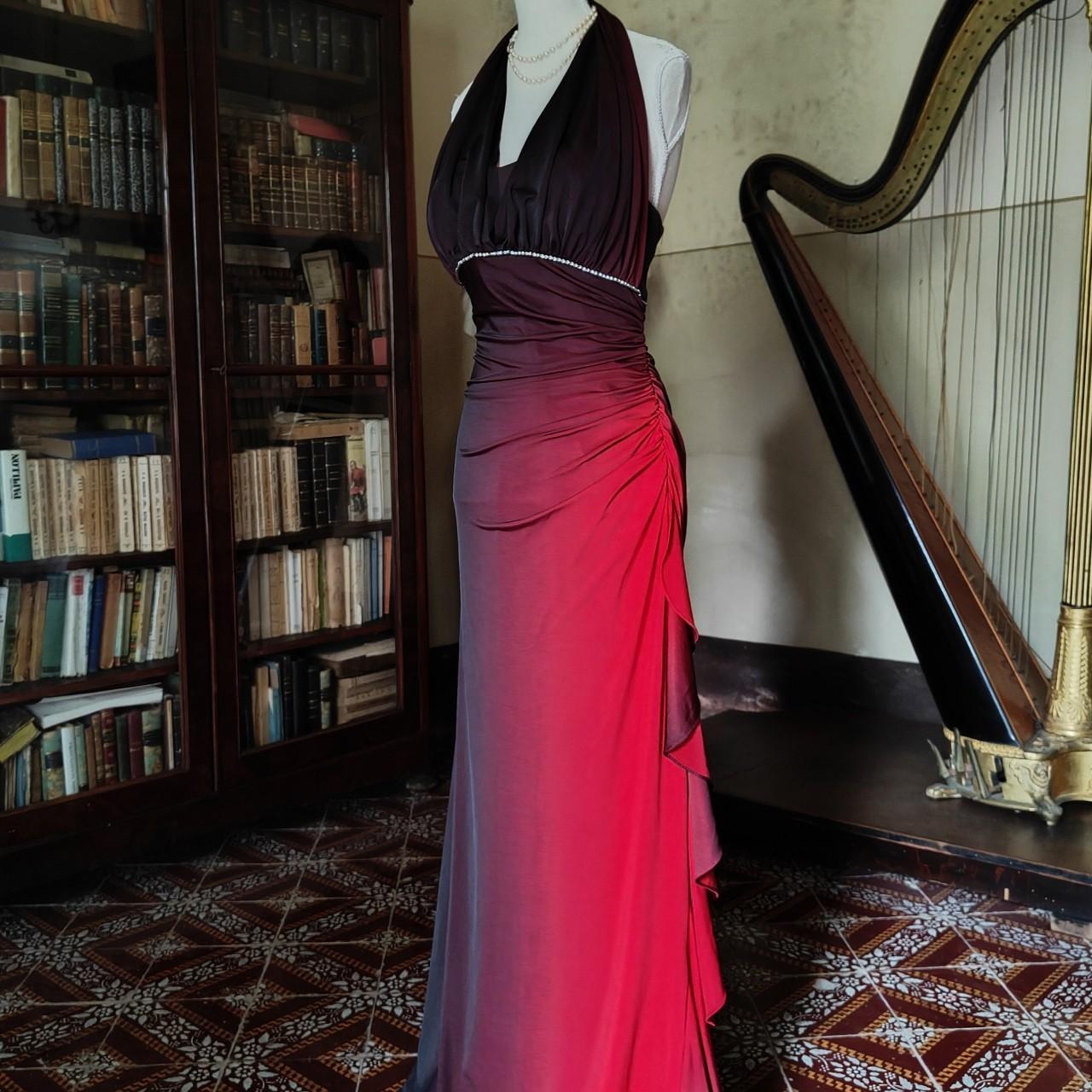 Girlhomeshops – Burgunderrot-Schwarz-Farbverlauf, Retro-Mode, langes Chiffon-Feenkleid, Ballkleid, GH5545