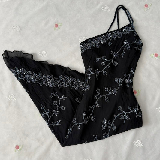 Black and Silver Vintage Gorgeous Elegant Exquisite Beaded Long Chiffon Sequin Asymmetric Skirt Dress Homecoming Dress Prom Dress Evening Dress Party Dress gh4123