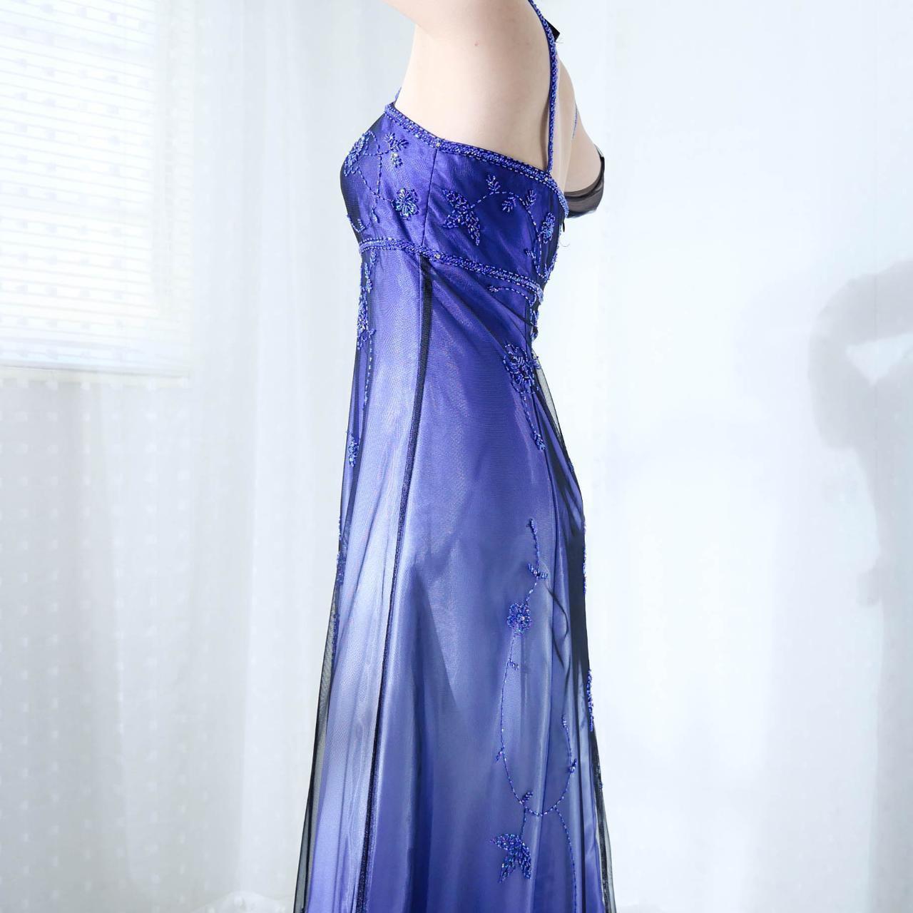 Robe de soirée longue en satin et tulle, bleu cobalt, violet, ombré, à fleurs et perles, gh4296