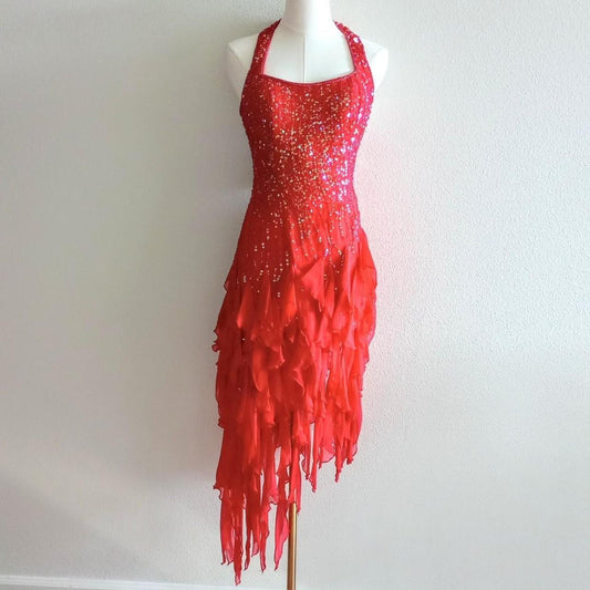 Robe de soirée longue et élégante en mousseline de soie, rouge, brillante, élégante, exquise, bretelles perlées, pompon, volants, robe de bal, robe de soirée, gh3571