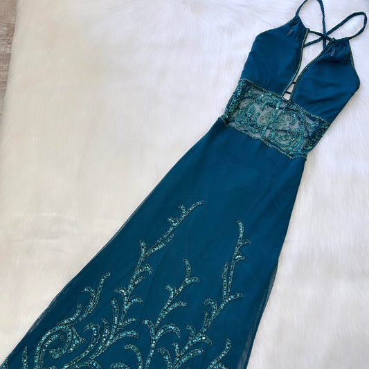Magnifique robe de soirée longue en mousseline de soie, bleu sarcelle, avec perles exquises, robe de bal, robe de fête d'anniversaire, gh3808