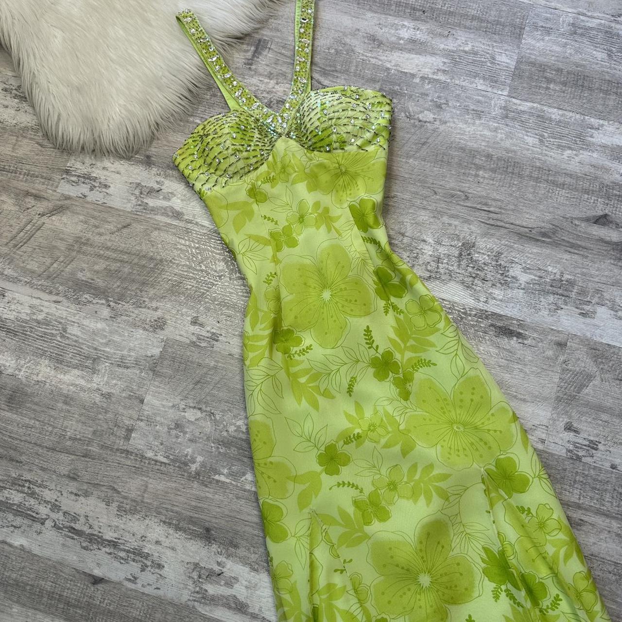 Belle robe longue vert clair à paillettes florales, robe de bal vintage des années 90, robe longue Y2K, robe de fée, robe d'invité de mariage, robe de retour gh4516
