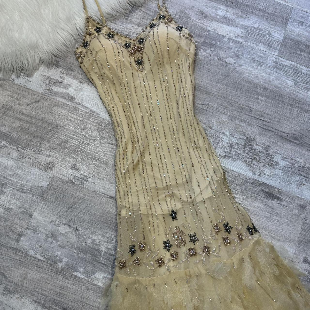 Robe de soirée longue en mousseline de soie à sequins, couleur crème, style vintage, superbe et rare, à fleurs, gh4311