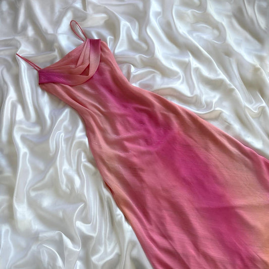 Robe de soirée longue en mousseline de soie rose à dégradé de couleurs gh4451
