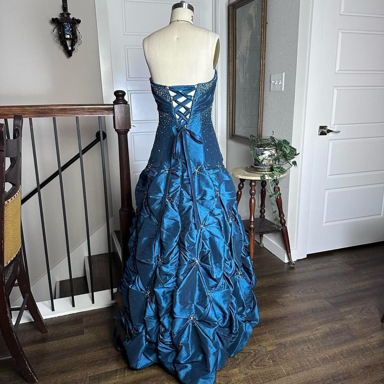 Robe de soirée longue en satin bleu vintage, élégante et exquise, avec perles, longueur au sol, gh3936