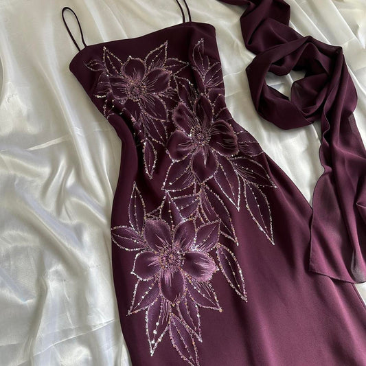 🍇✨ Deep Plum Purple Beautiful Beautiful Vintage Gorgeous Fashion Elegant Delicate Floral Beaded Long beaded Chiffon Flowing Ball Gown Evening Gown Birthday Wedding Guest Party Dress Prom Gown Mother of the Bride Gown gh4015