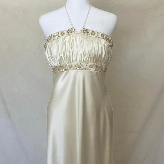Superbe robe de soirée en satin pour femme, élégante, vintage, dorée, délicate, florale, bretelles spaghetti, robe de bal, robe de soirée, robe de bal, robe de fée, gh4183