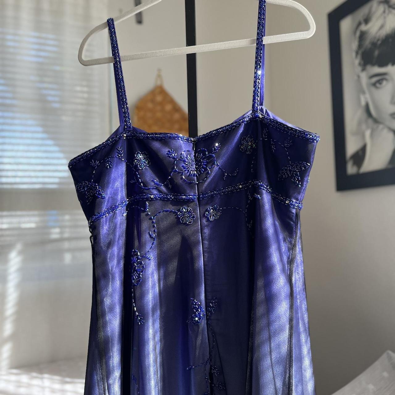 Robe de soirée longue en satin et tulle, bleu cobalt, violet, ombré, à fleurs et perles, gh4296