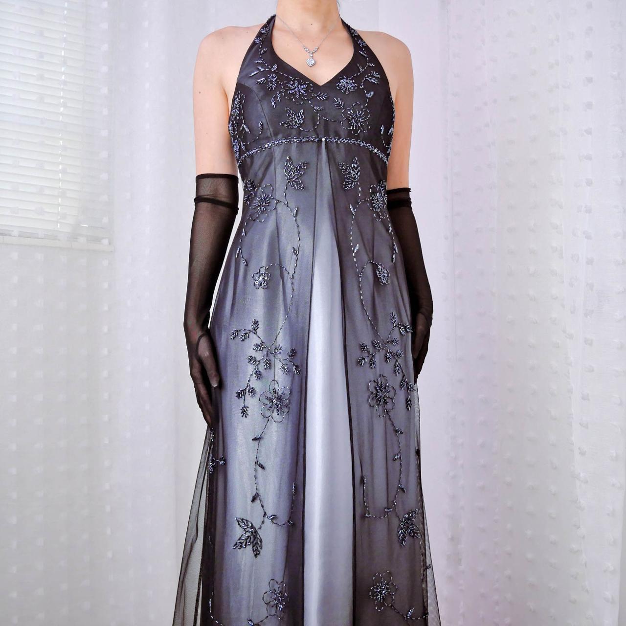 Black and gray retro fashion gradient color beaded floral halter neck gothic elegant long Tulle prom dress evening dress party dress gh3665