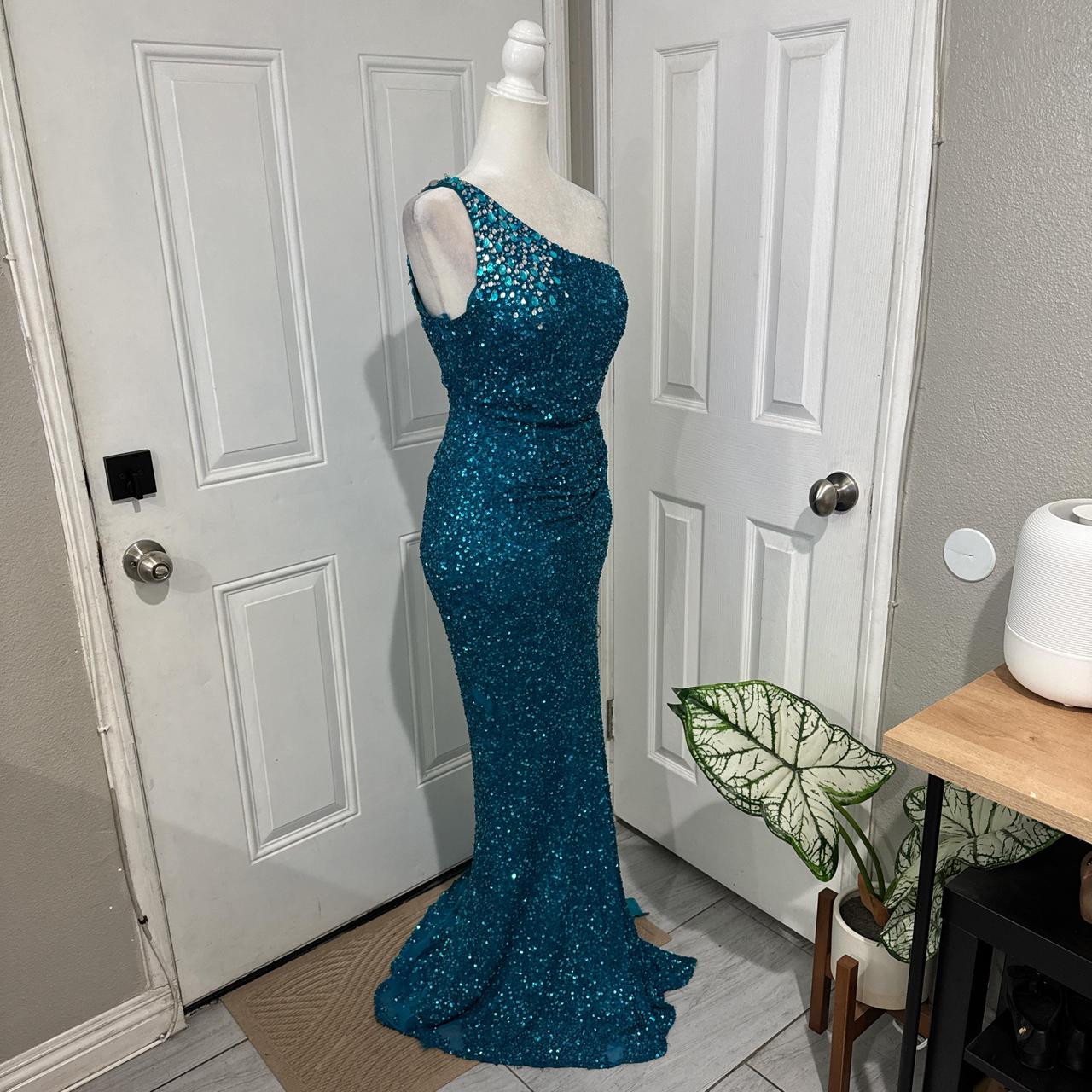 Robe de soirée longue élégante à paillettes bleu paon, brillante, gh4567