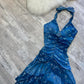Dark blue homecoming dress Y2k mini backless dress with sparkling floral rhinestone ruffles short chiffon ball gown evening gown party dress gh4716