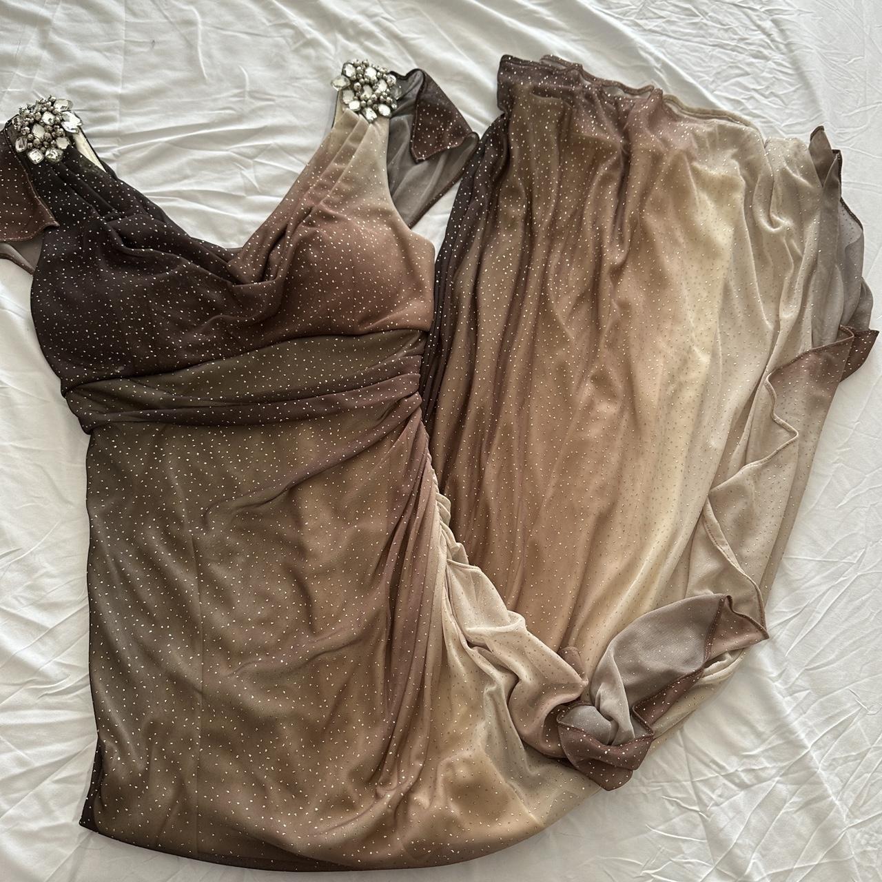 Robe de soirée longue en mousseline de soie, élégante et délicate, avec strass, style vintage, scintillante, marron et crème, ombrée, superbe, robe de fête d'anniversaire, robe de bal féerique, robe de remise de diplôme, gh3891