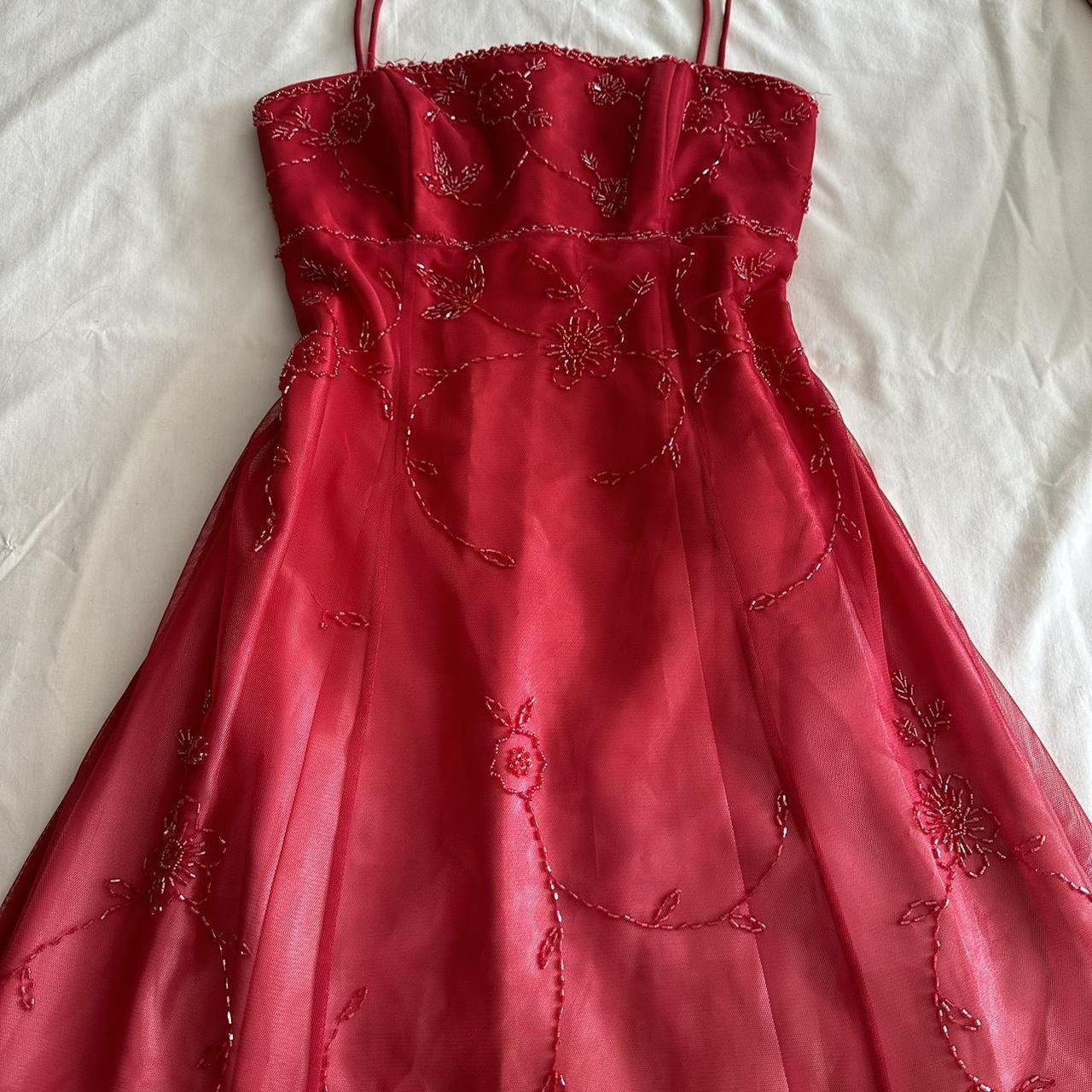 Robe de soirée longue en tulle, élégante et délicate, style rétro, dégradé de rouge et de rose, à fleurs, dos nu, à lacets, à fleurs, pour bal de promo, anniversaire, remise de diplôme, gh3887