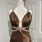 Robe de soirée longue en satin marron, élégante et perlée, col en V, robe de bal, gh4568