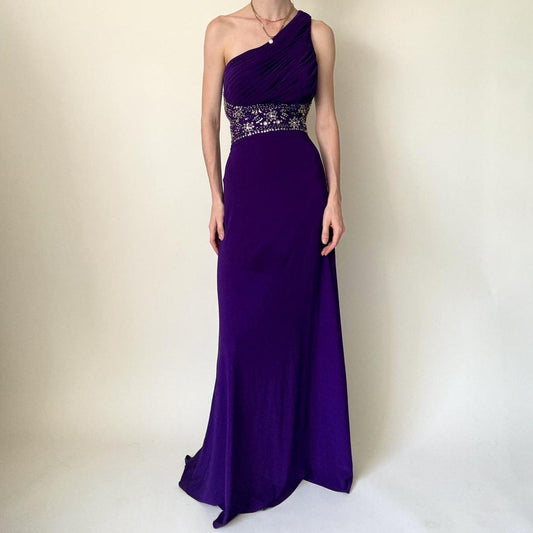 Robe de soirée violette asymétrique à bretelles longues et perles, épaules dénudées, gh4590