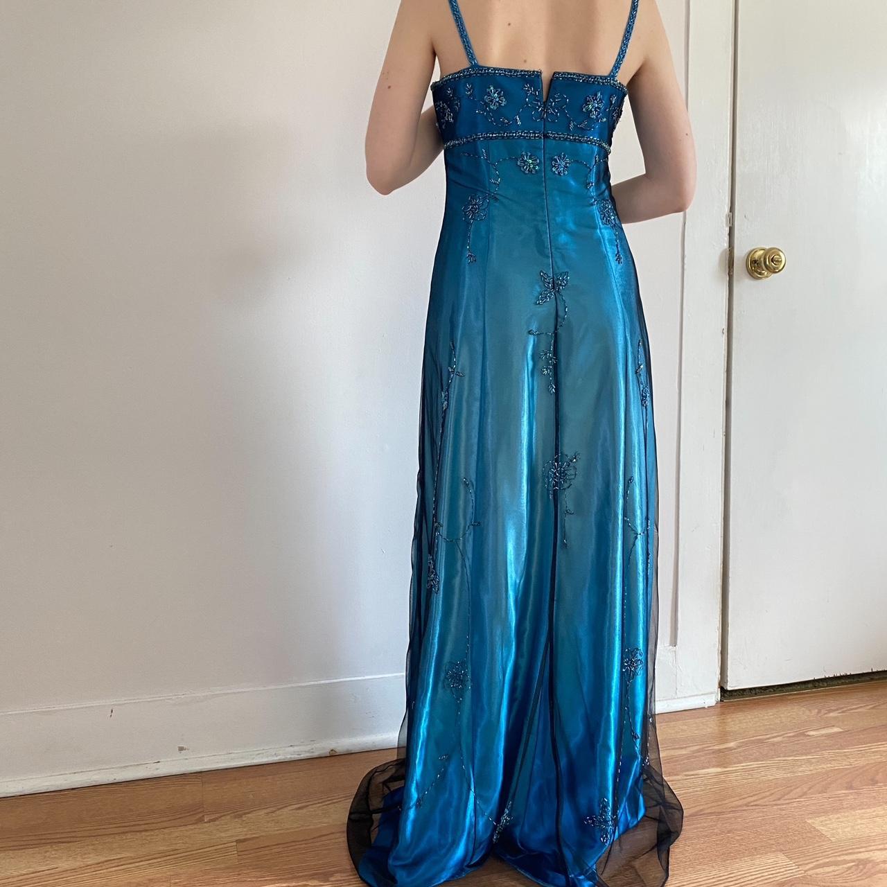 Robe de soirée longue en satin et tulle, style vintage, bleu délicat, motif floral, perles, ombré, bretelles spaghetti, col carré, robe de bal, robe de fête d'anniversaire, gh3957