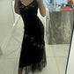 Black stylish elegant exquisite floral spaghetti strap long chiffon ball gown evening dress with jacket gh3299
