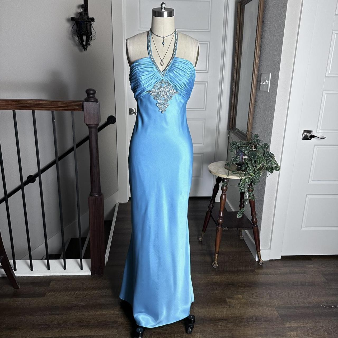 Bright Blue Vintage Floral Beaded Slim Strap Formal Prom Dress Small Train Long Satin Ball Gown Evening Dress Party Dress gh4341