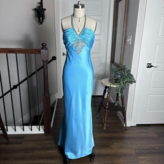 Bright Blue Vintage Floral Beaded Slim Strap Formal Prom Dress Small Train Long Satin Ball Gown Evening Dress Party Dress gh4341