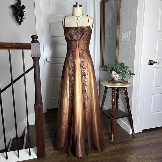 Gradient Tan Brown Gold Bronze Vintage Elegant Exquisite Beading Long Tulle Satin Floor Length Ball Gown Evening Gown Party Gown Graduation Gown gh3937