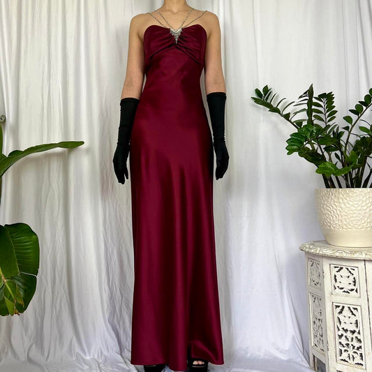 Burgundy Red Gorgeous Retro Fashion Rhinestone Gown Sweetheart Neck Long Satin Ball Gown Evening Gown Party Dress Prom Gown gh3715