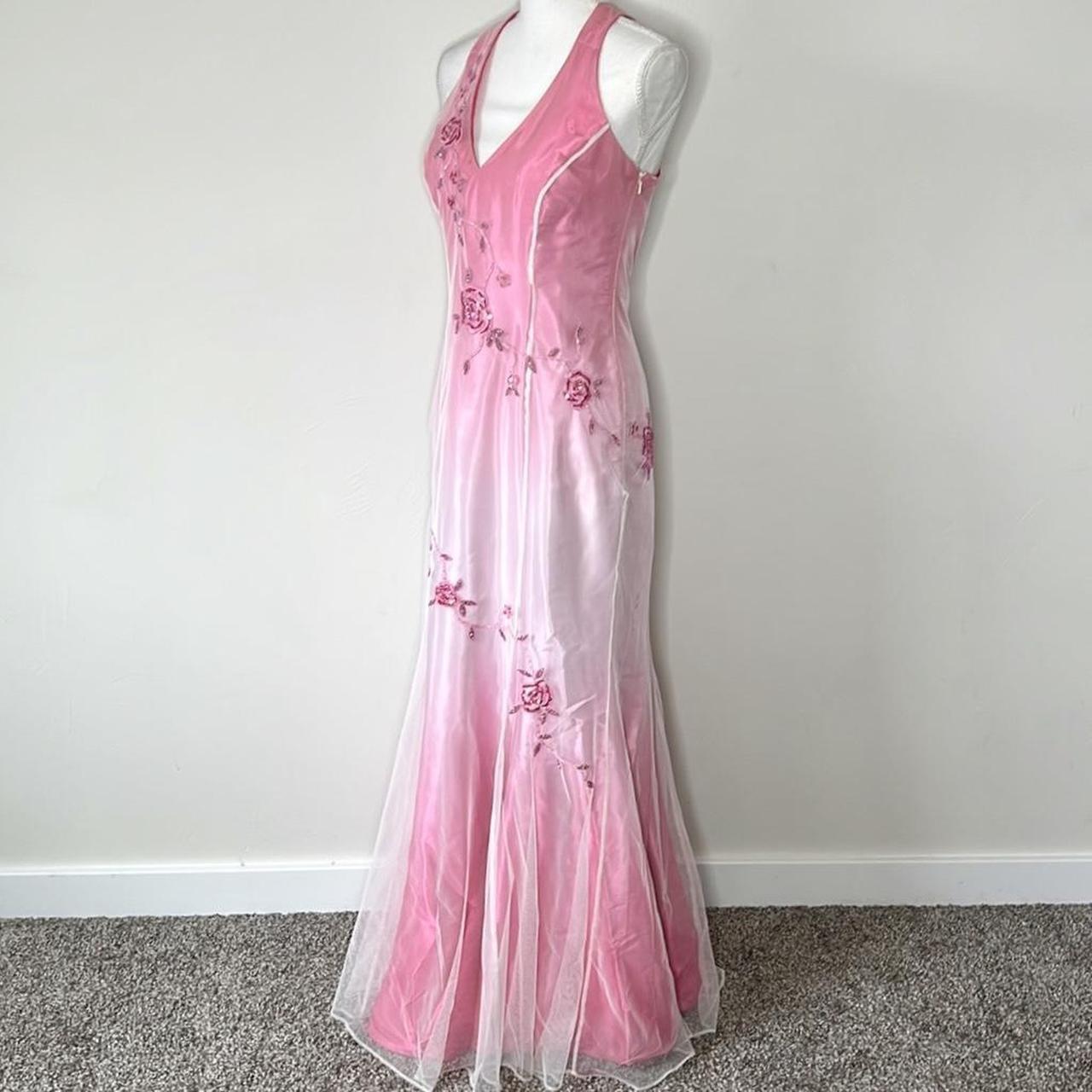 Robe de soirée longue en satin et tulle rose, élégante, col en V, motif floral exquis, perles, dos nu, dégradé de couleurs, gh3577
