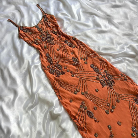Robe de soirée longue en mousseline de soie, élégante et exquise, ornée de perles, style fantaisie, orange corail, gh3747