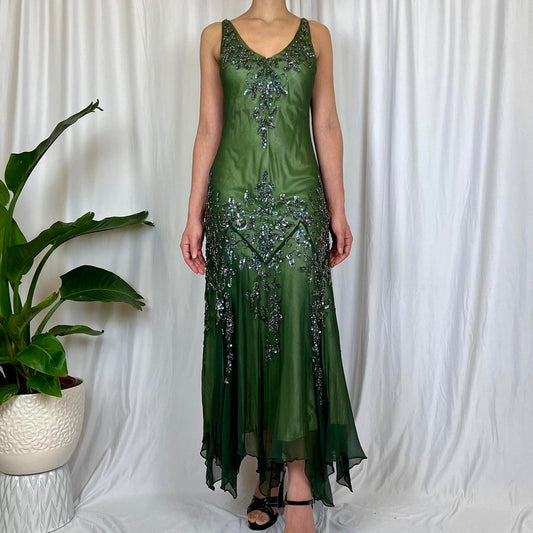 Green Vintage V Neck Elegant Exquisite Beaded Long Chiffon Ball Gown Evening Gown Party Dress Prom Gown gh3707