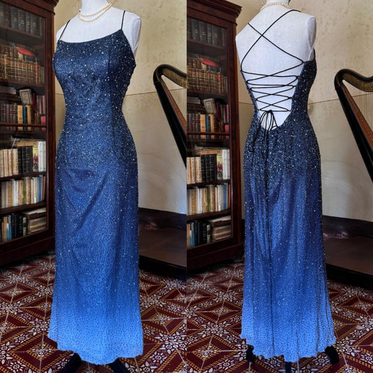 Girlhomeshops--Vintage blue grey gradient beaded sequined long chiffon prom dress gh5540