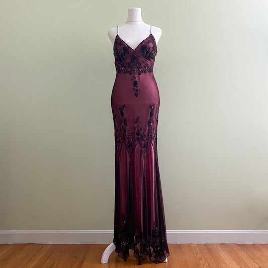 Robe de soirée longue en mousseline de soie rouge foncé, élégante, charmante et exquise, avec perles, gh3552