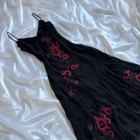 Robe de soirée longue en mousseline de soie, élégante et délicate, motif floral rose rouge, perlée, gh3691