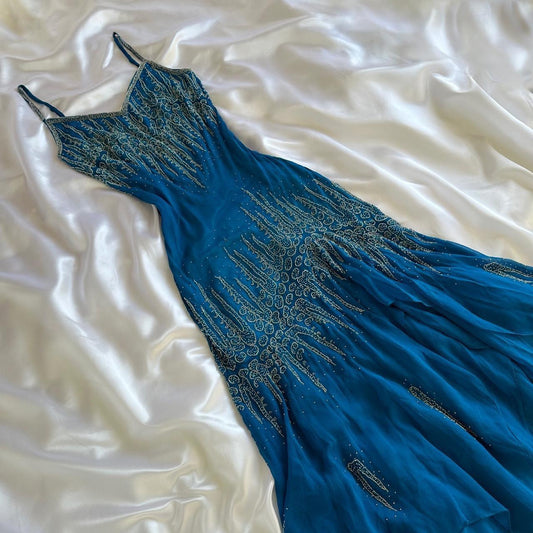 Robe de soirée longue et élégante en mousseline de soie, style vintage, bleu, exquise, argentée et dorée, avec perles, gh3869