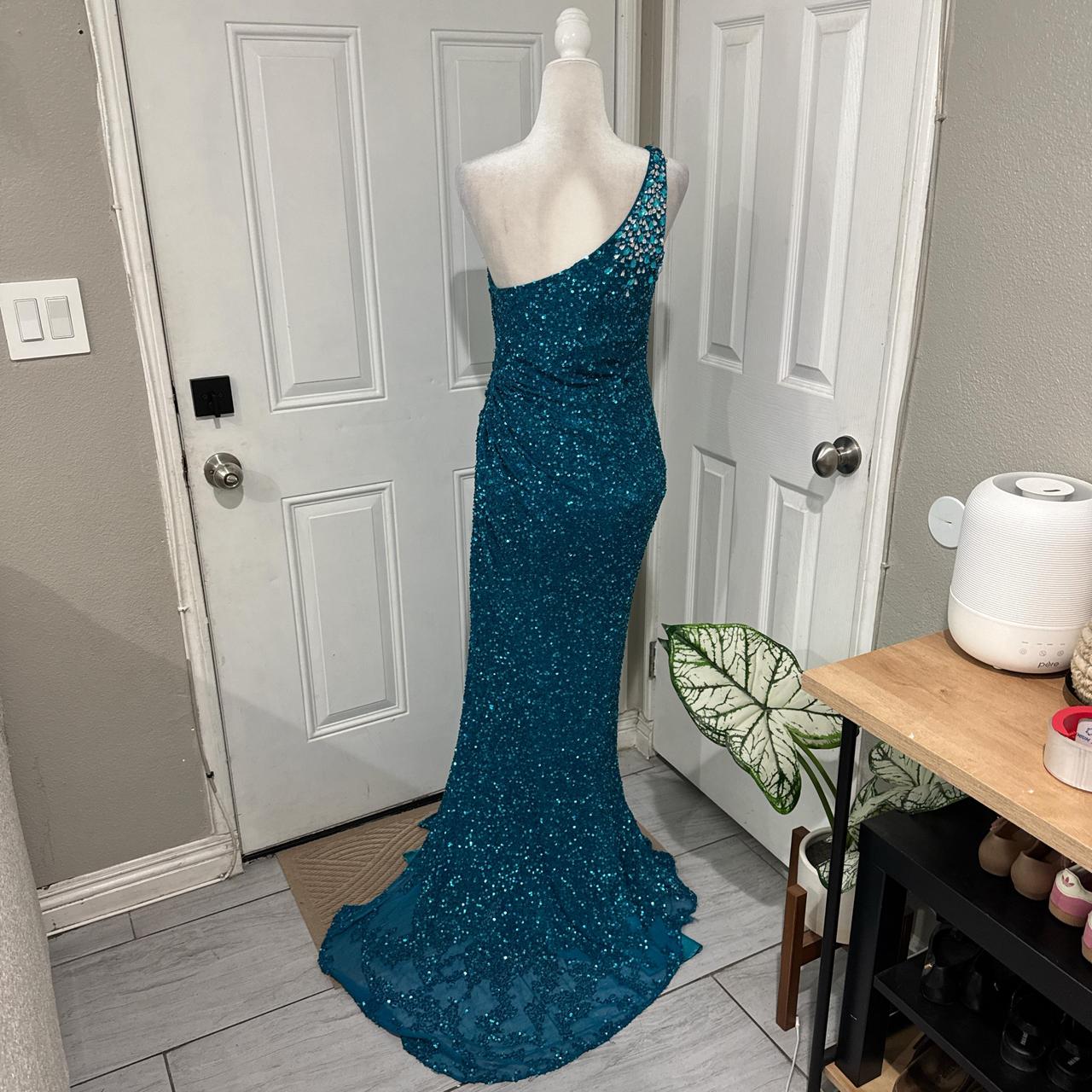 Robe de soirée longue élégante à paillettes bleu paon, brillante, gh4567