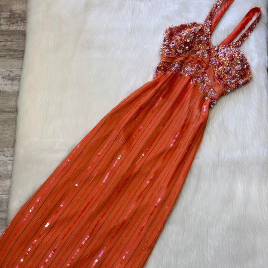 Robe de soirée longue en mousseline de soie orange, superbe et exquise, à fleurs et paillettes, dos nu, pour femme, robe de bal, gh4288