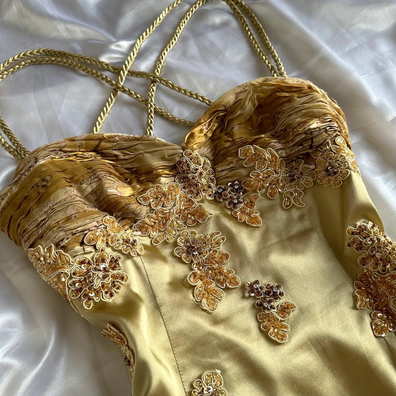 Gold Umwerfend Schönes Charmantes Elegantes Exquisites Blumenmuster Perlen Trägerloses Langes Satin Chiffon Ballkleid Abendkleid Partykleid Ballkleid gh3824