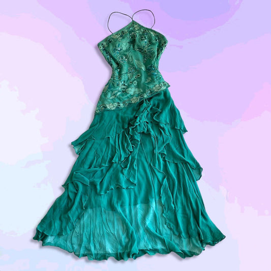 Green Beautiful Vintage Gorgeous Fashion Elegant Exquisite Beaded Sequined Strapless Long Asymmetric Chiffon Flowing Ball Gown Evening Dress Birthday Wedding Guest/Birthday Party Dress Prom Dress gh4016